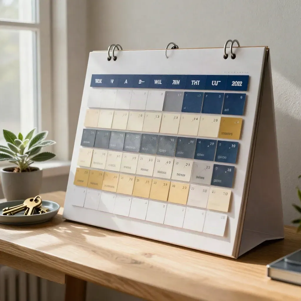Låg vinkel på en valkalender med färgflikar, nyckelbricka och liten planta vid en putsad vägg.